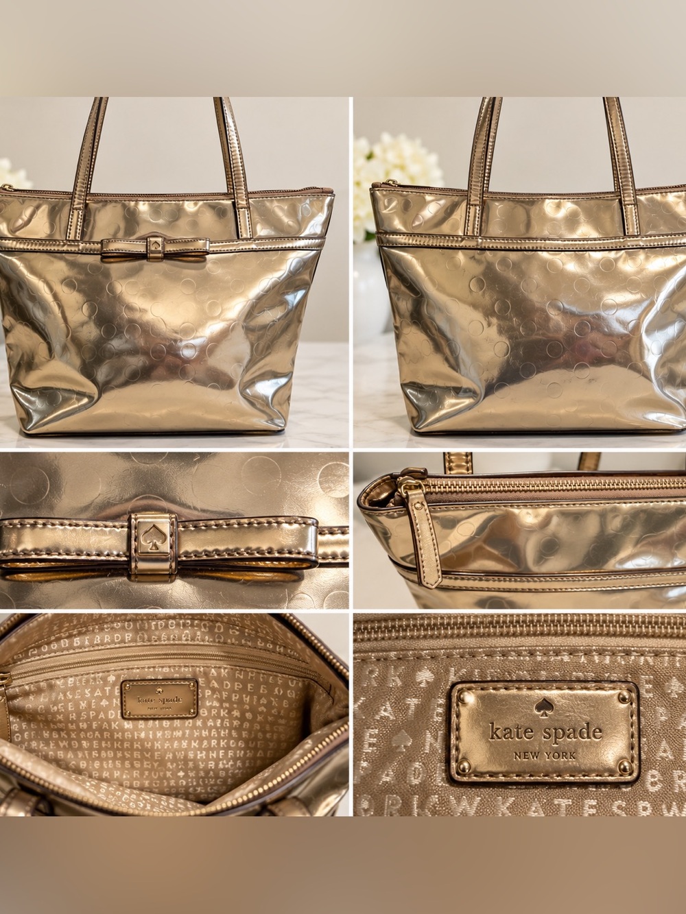 Kate Spade New York Sophie Metallic Gold Embossed Polka Dot Bow Tote Bag